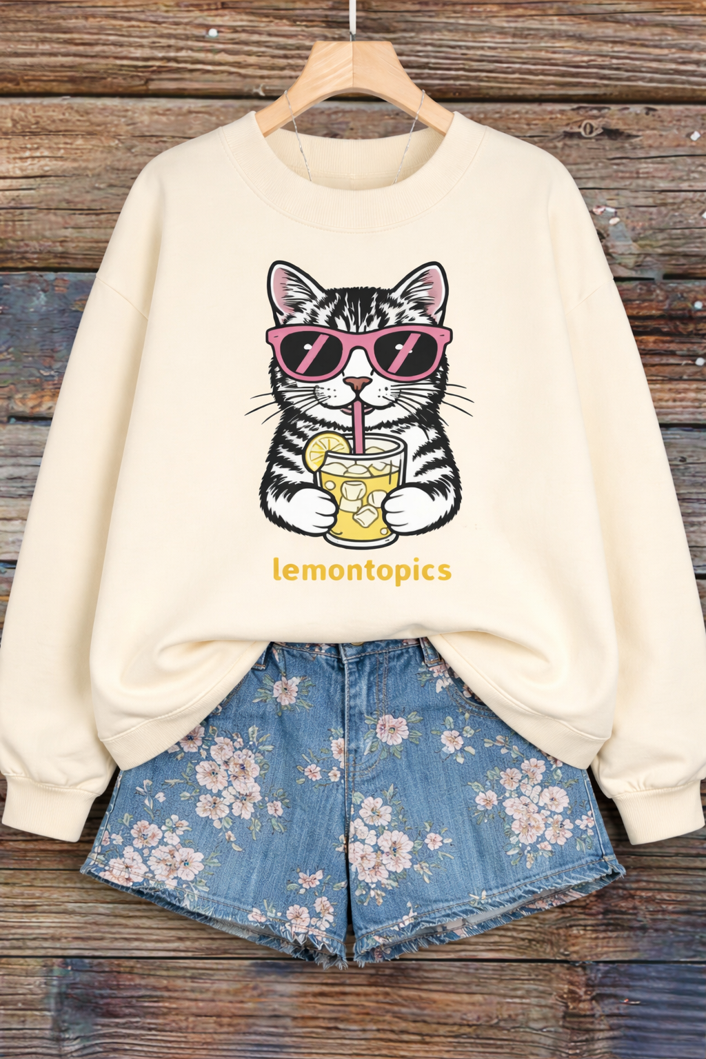 lemontopics Cat Sipping Lemonade Mock Neck Sweatshirt - Women's Cropped Fleece Crew - Cream Color