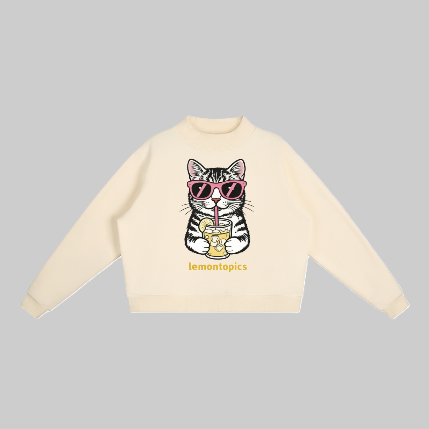 lemontopics Cat Sipping Lemonade Mock Neck Sweatshirt - Women's Cropped Fleece Crew - Cream Color - Image 2