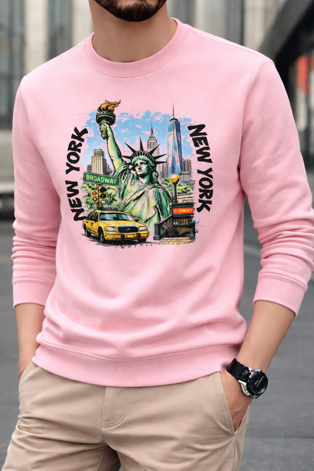 Lemontopics NYC Dream Sweatshirt – Pink Statue of Liberty Broadway Skyline Graphic Crewneck – Souvenir Style Pullover