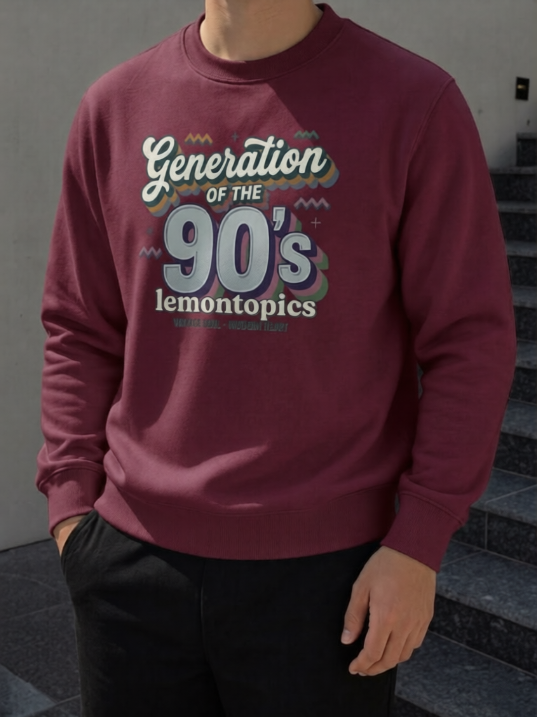 Lemontopics “Generation of the 90’s” Burgundy Retro Graphic Sweatshirt – Premium Minimal Streetwear Crewneck