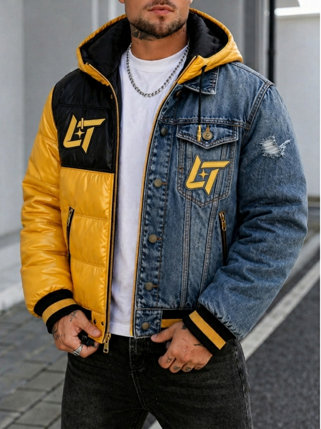 Linear Titans Two-Tone Hybrid Jacket – Yellow Puffer & Denim Streetwear Coat
