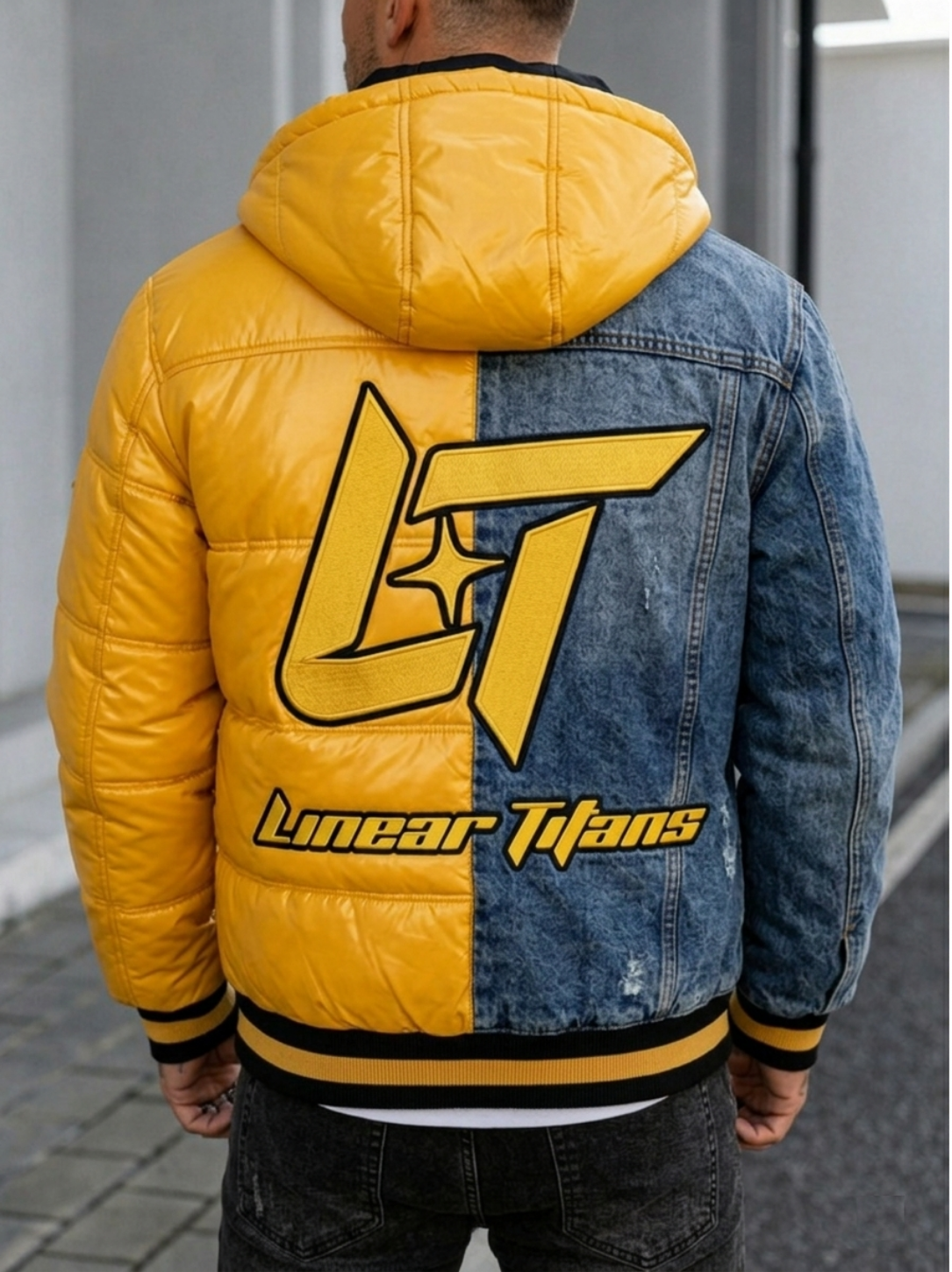 Linear Titans Two-Tone Hybrid Jacket – Yellow Puffer & Denim Streetwear Coat - Image 2