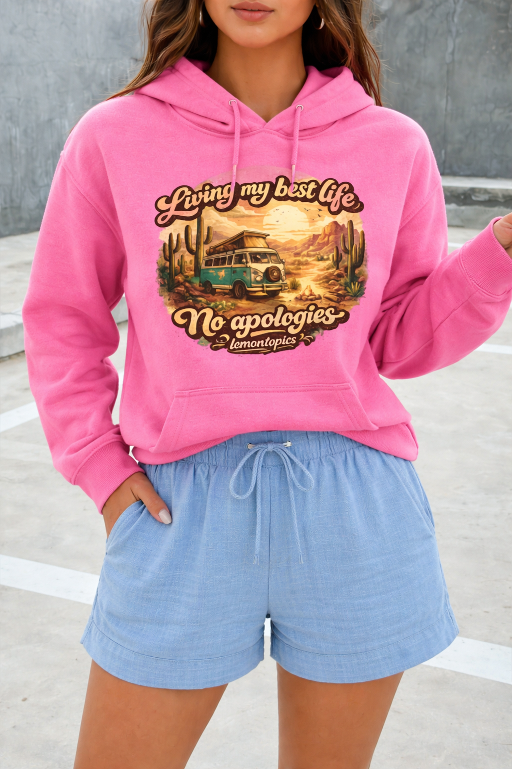 Living My Best Life No Apologies Pink Hoodie  Vintage Van Desert Sunset Graphic Sweatshirt  Cozy Oversized Hoodie for Women
