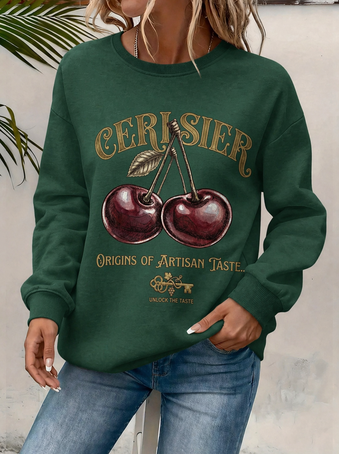 Cerisier Vintage Cherry Graphic Oversized Sweatshirt – Forest Green by Lemontopics
