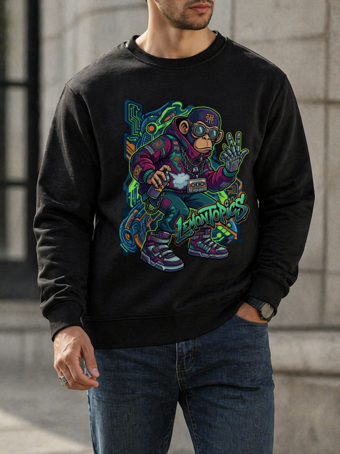 Lemontopics Cyber Monkey Graphic Sweatshirt – Premium Streetwear Crewneck (Black)