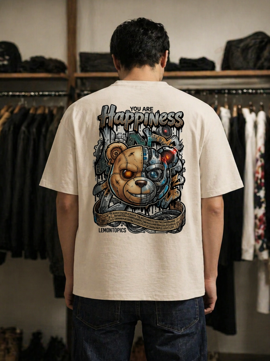 LEMONTOPICS "Mechanical Happiness" Streetwear Graphic T-Shirt – Cream/Bone