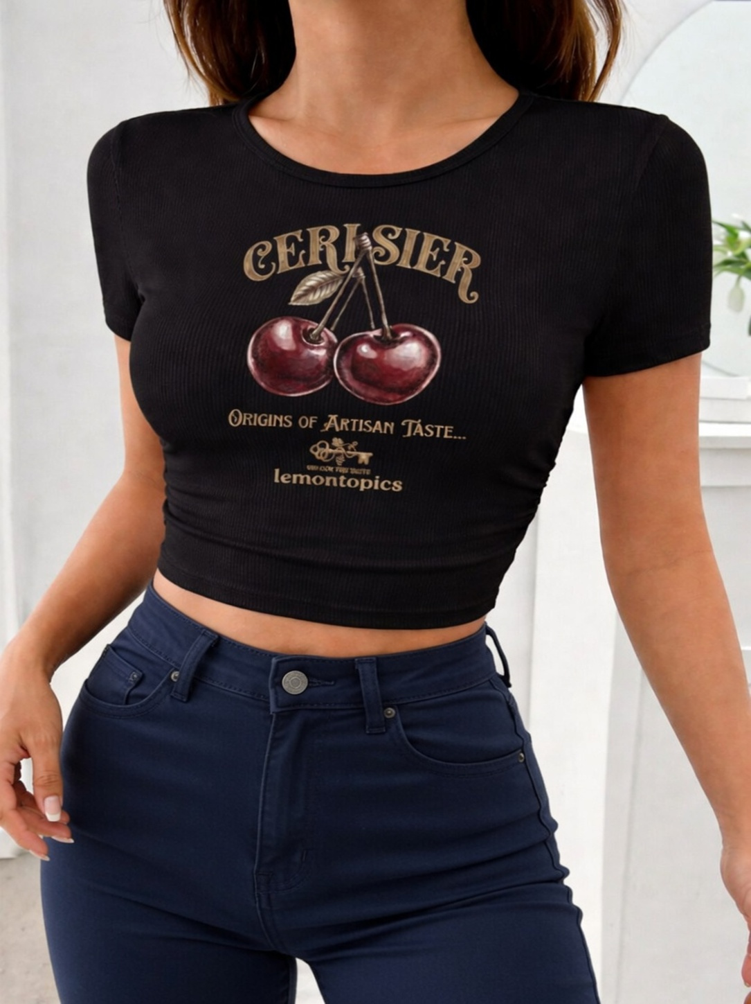 Cerisier Cherry Vintage Crop Top – Ribbed Black Baby Tee with Gold Print | Y2K Aesthetic