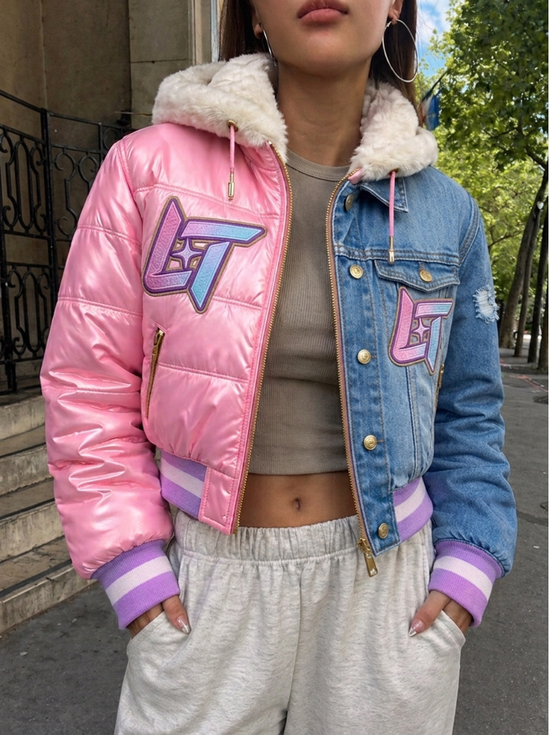 Linear Titans Two-Tone Cropped Puffer & Denim Jacket - Image 2