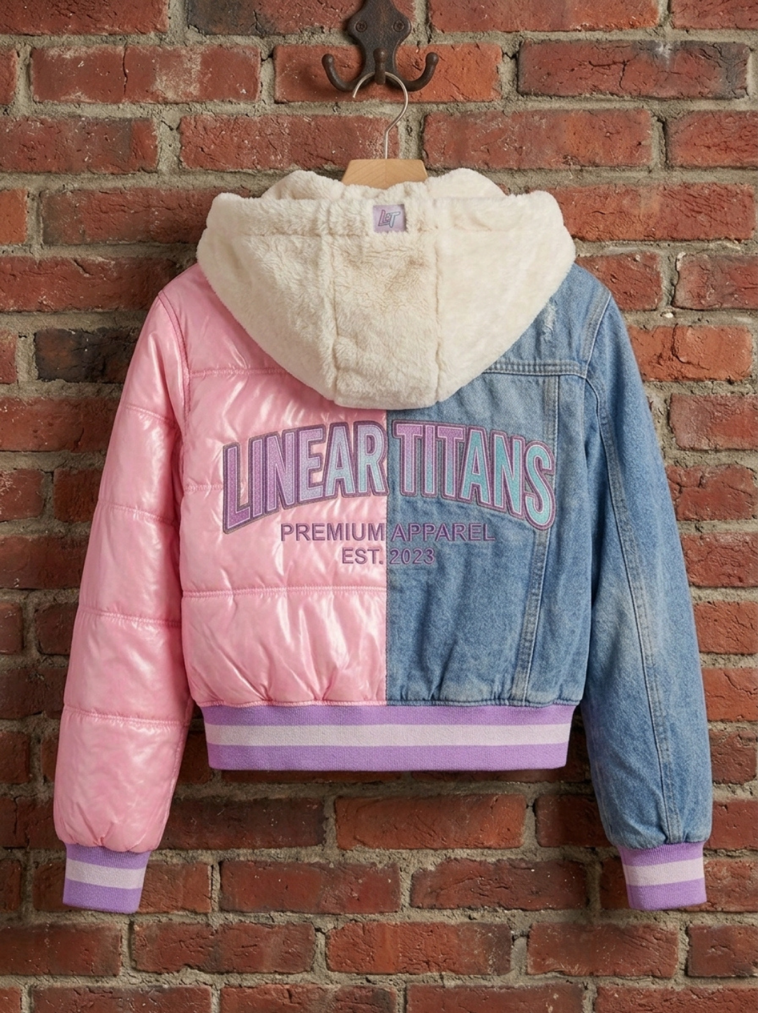 Linear Titans Two-Tone Cropped Puffer & Denim Jacket - Image 3