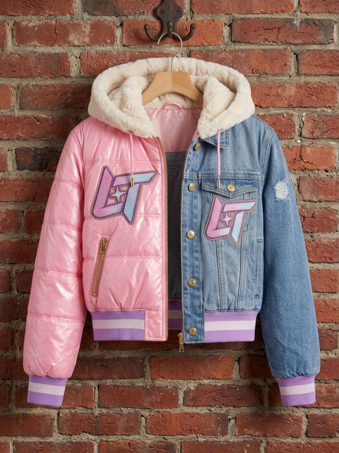Linear Titans Two-Tone Cropped Puffer & Denim Jacket