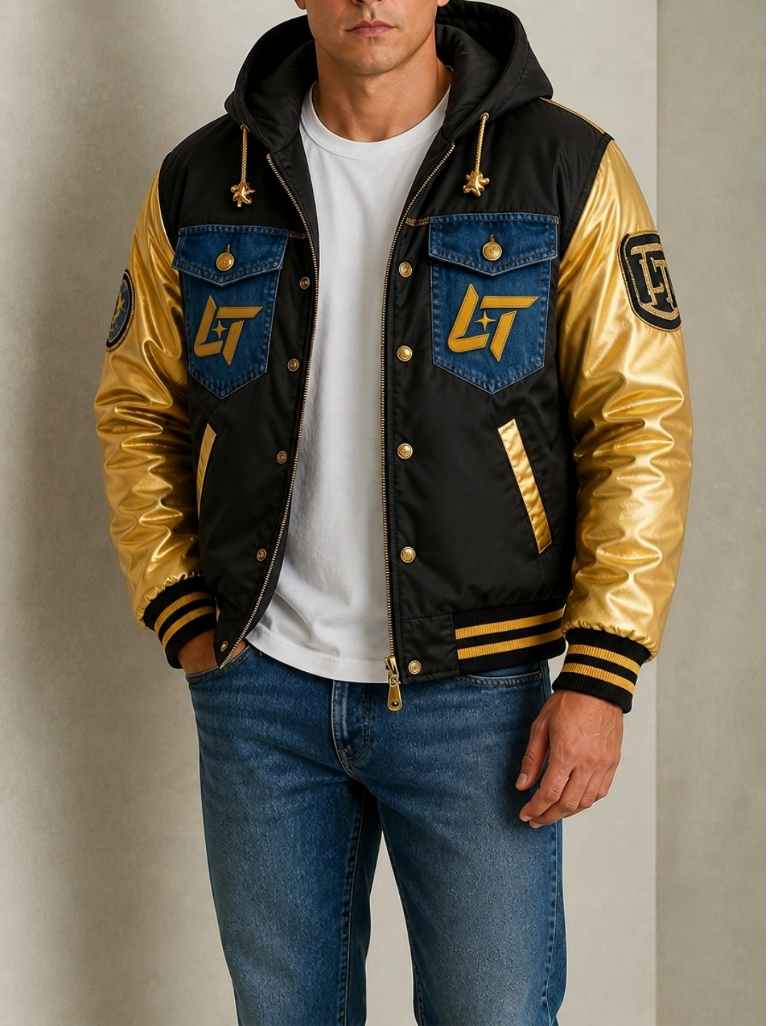 LINEAR TITANS "LT" Gold Satin & Denim Hybrid Varsity Jacket