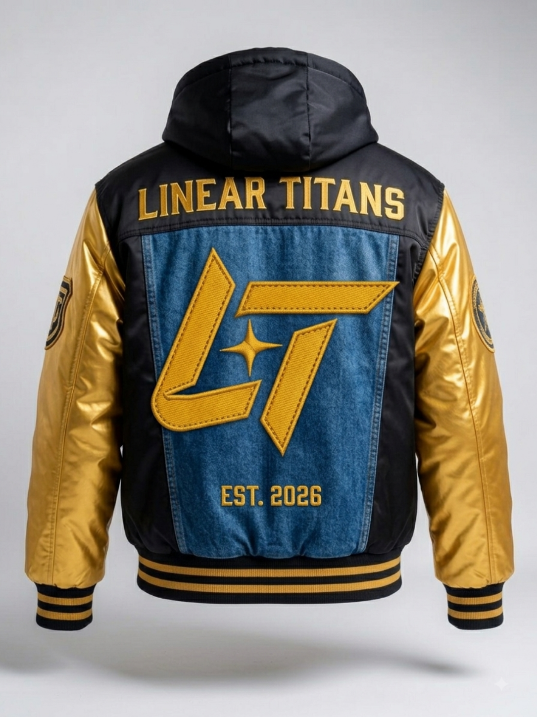 LINEAR TITANS "LT" Gold Satin & Denim Hybrid Varsity Jacket - Image 2