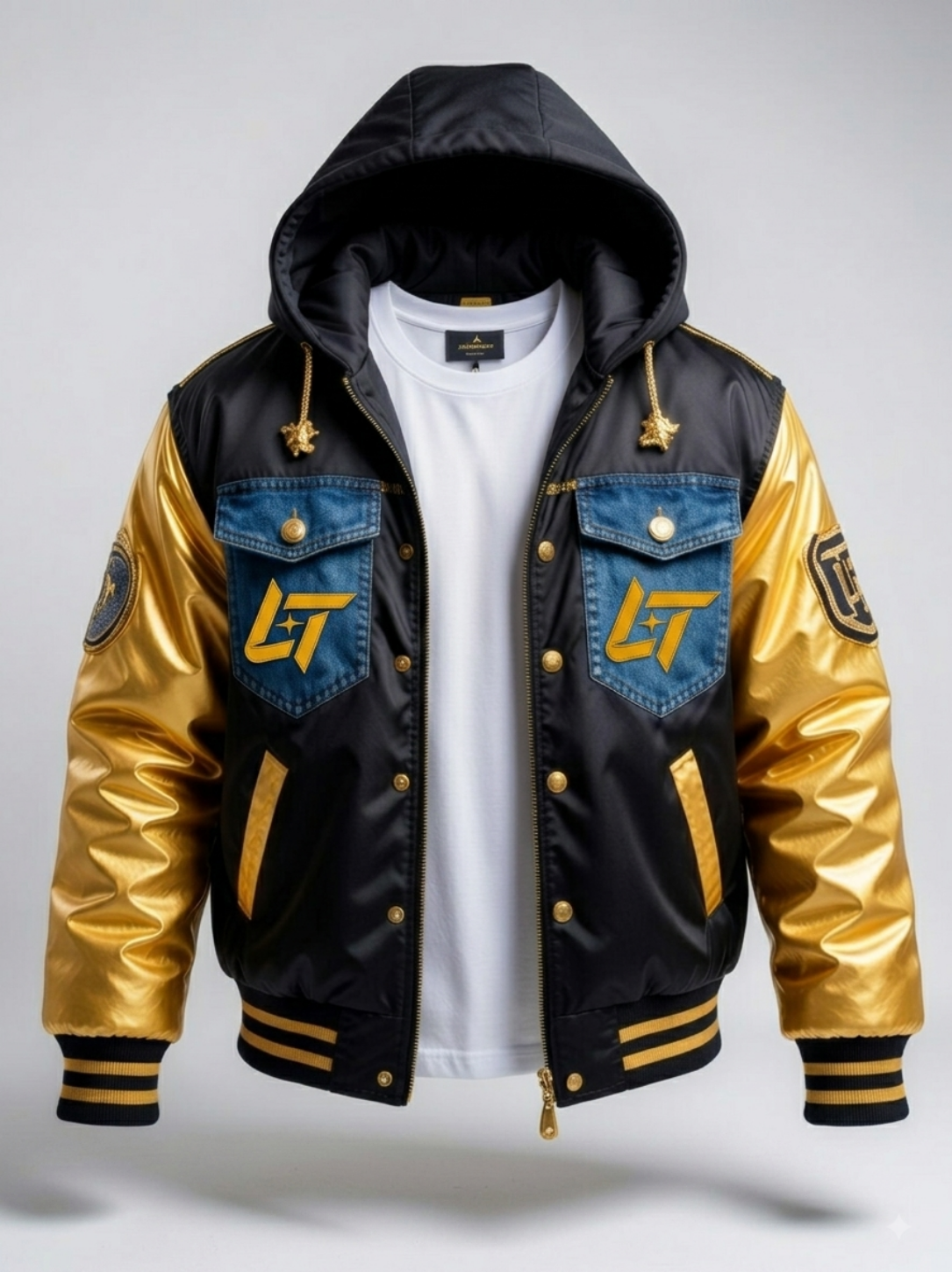 LINEAR TITANS "LT" Gold Satin & Denim Hybrid Varsity Jacket - Image 3