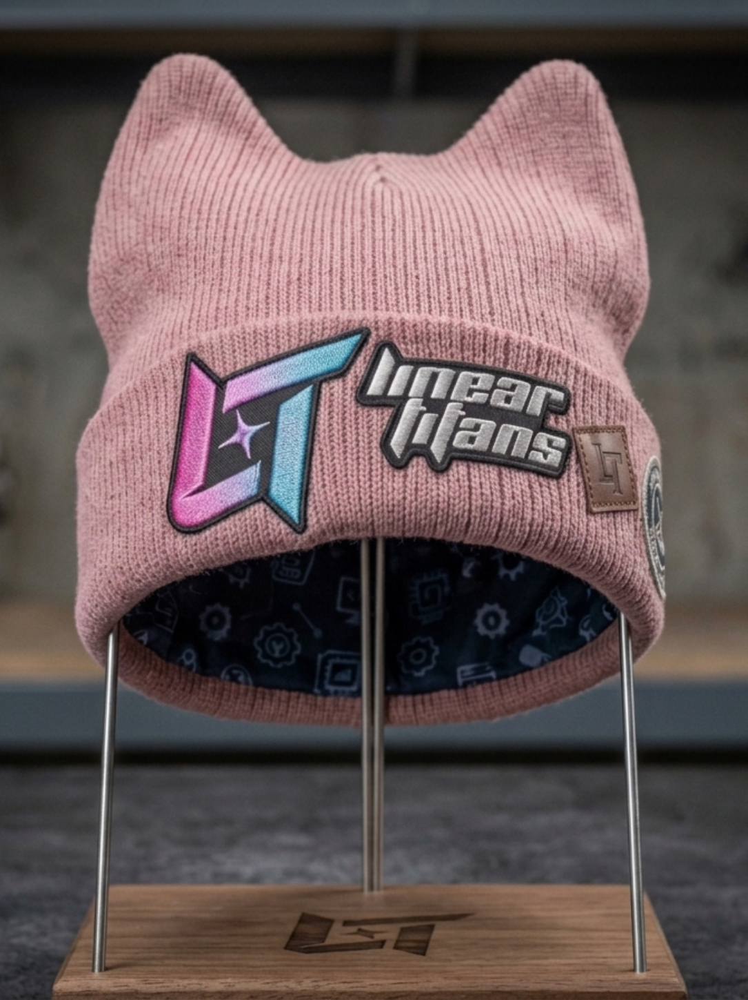 Linear Titans Pink Cat-Ear Beanie Hat | Satin Lined Cuffed Knit Beanie