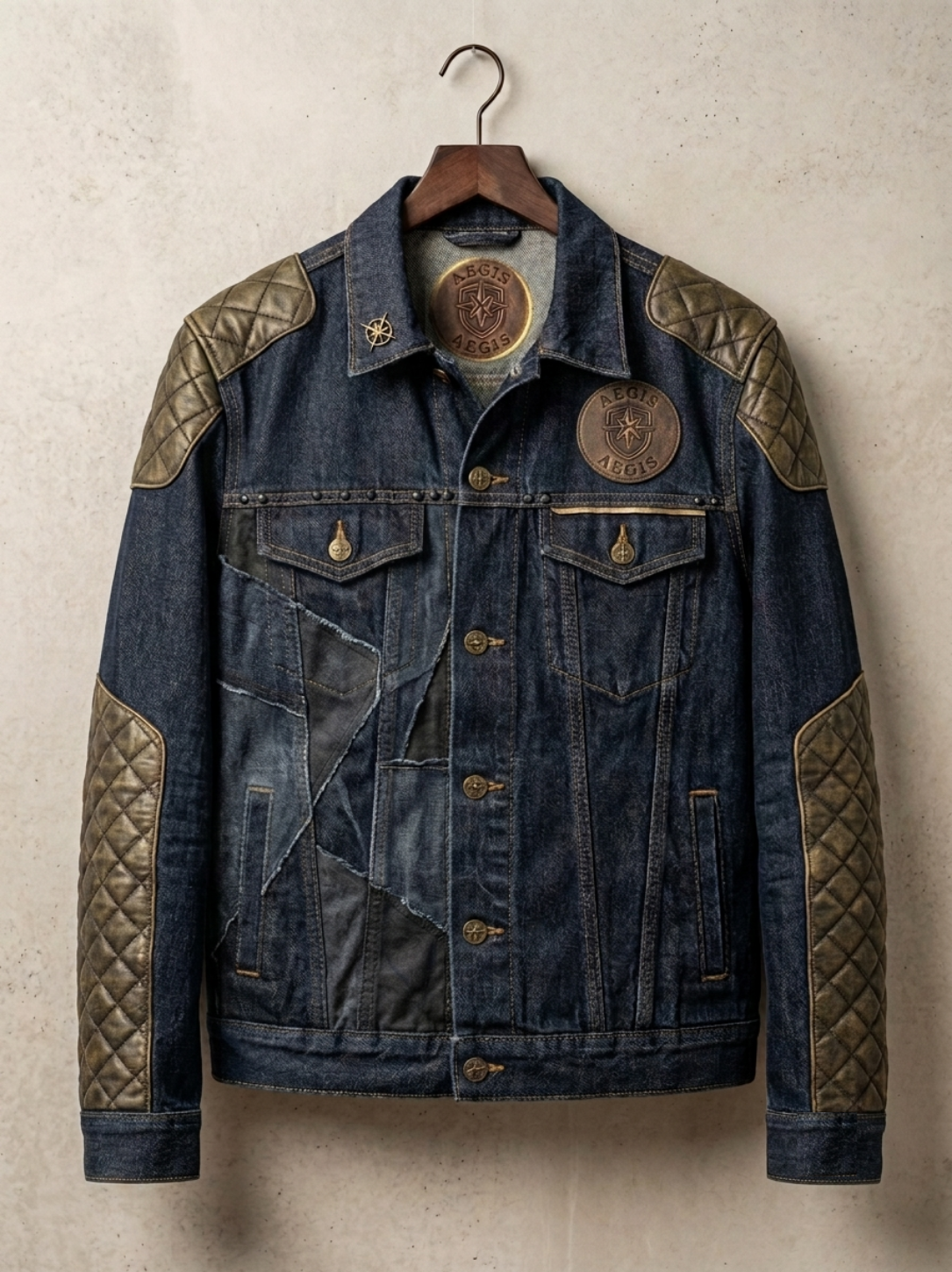 AEGIS Heavyweight Biker Denim Jacket w/ Quilted Leather Trim & Patchwork
