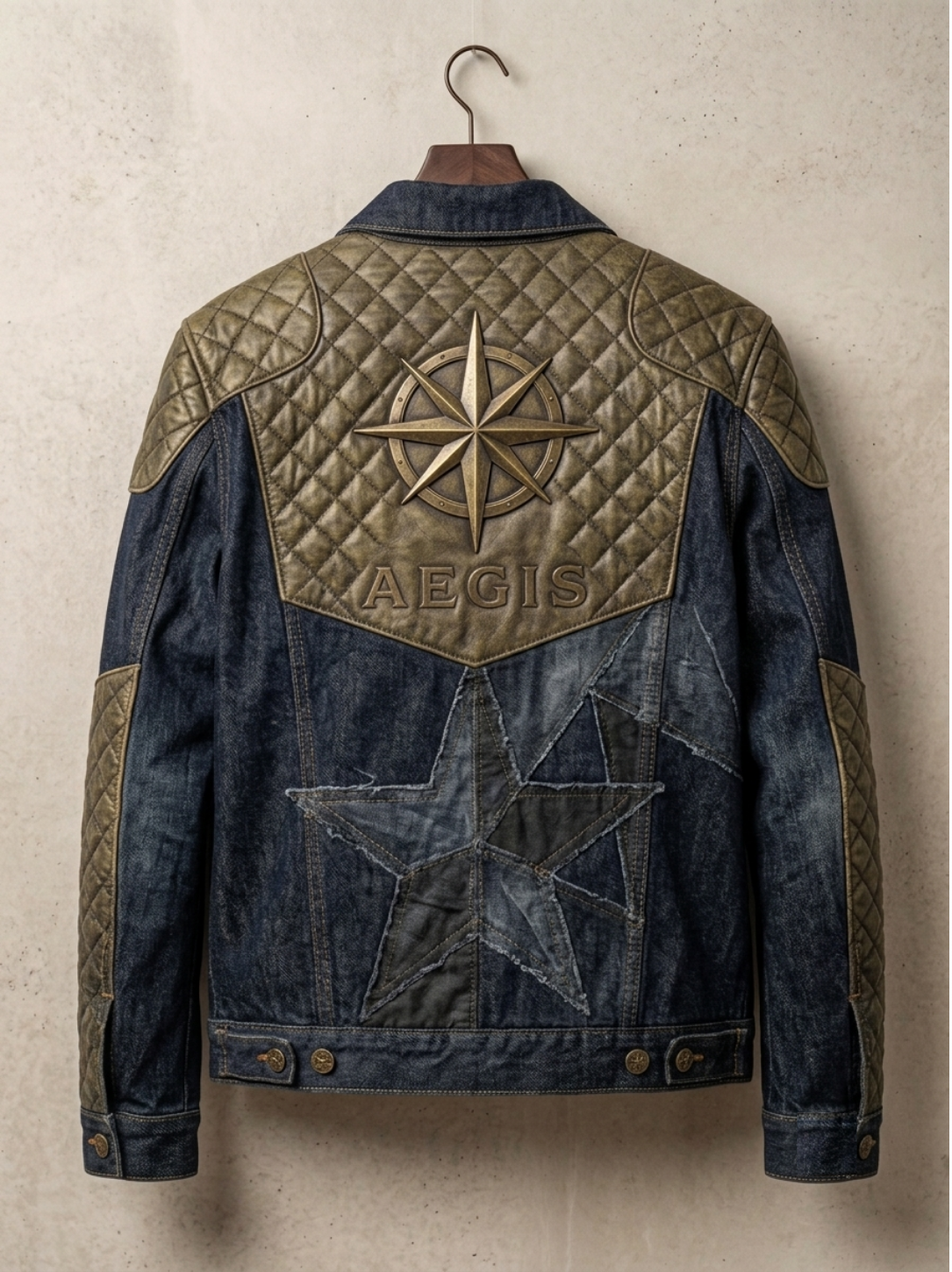 AEGIS Heavyweight Biker Denim Jacket w/ Quilted Leather Trim & Patchwork - Image 2