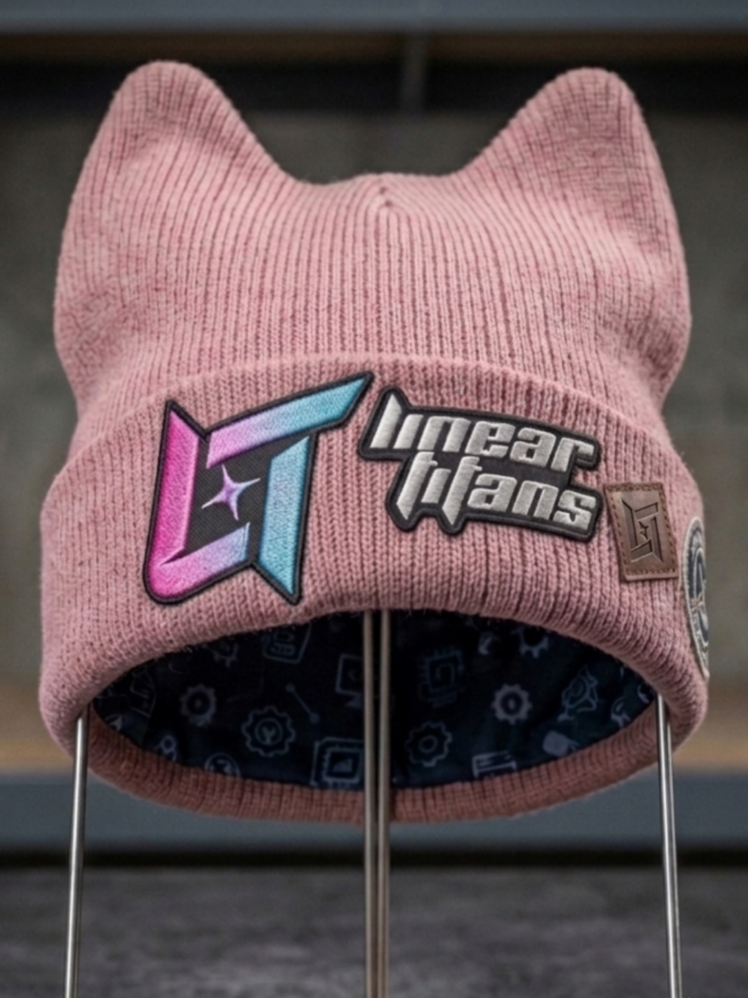 Linear Titans Pink Cat-Ear Beanie Hat | Satin Lined Cuffed Knit Beanie