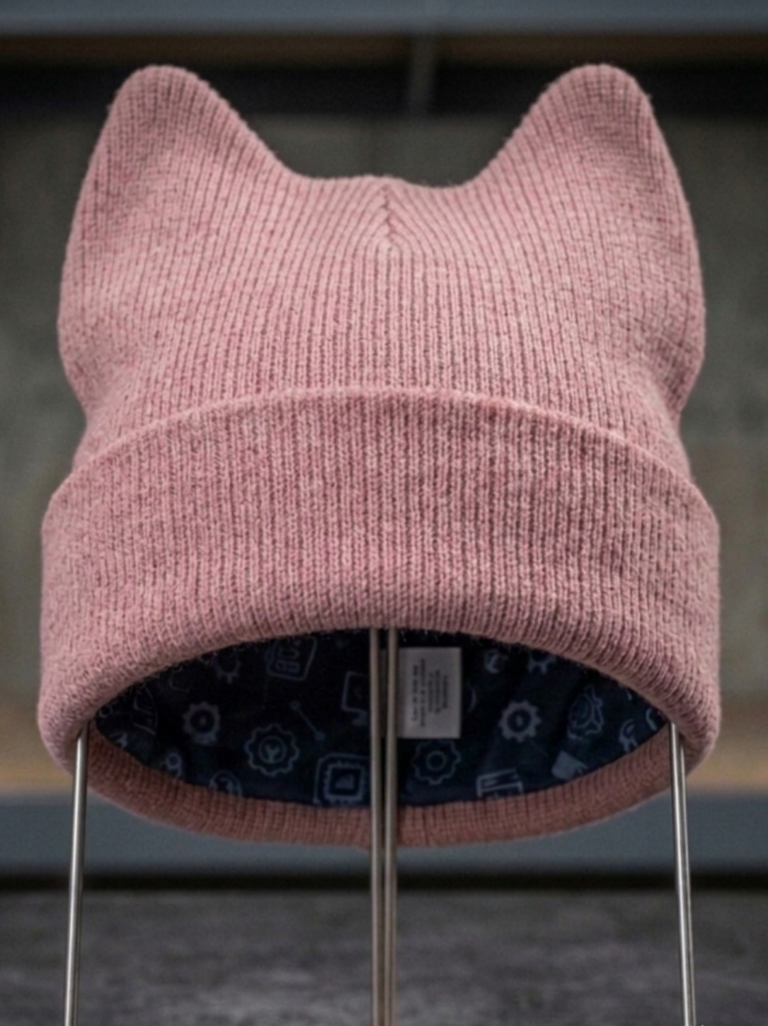 Linear Titans Pink Cat-Ear Beanie Hat | Satin Lined Cuffed Knit Beanie - Image 3