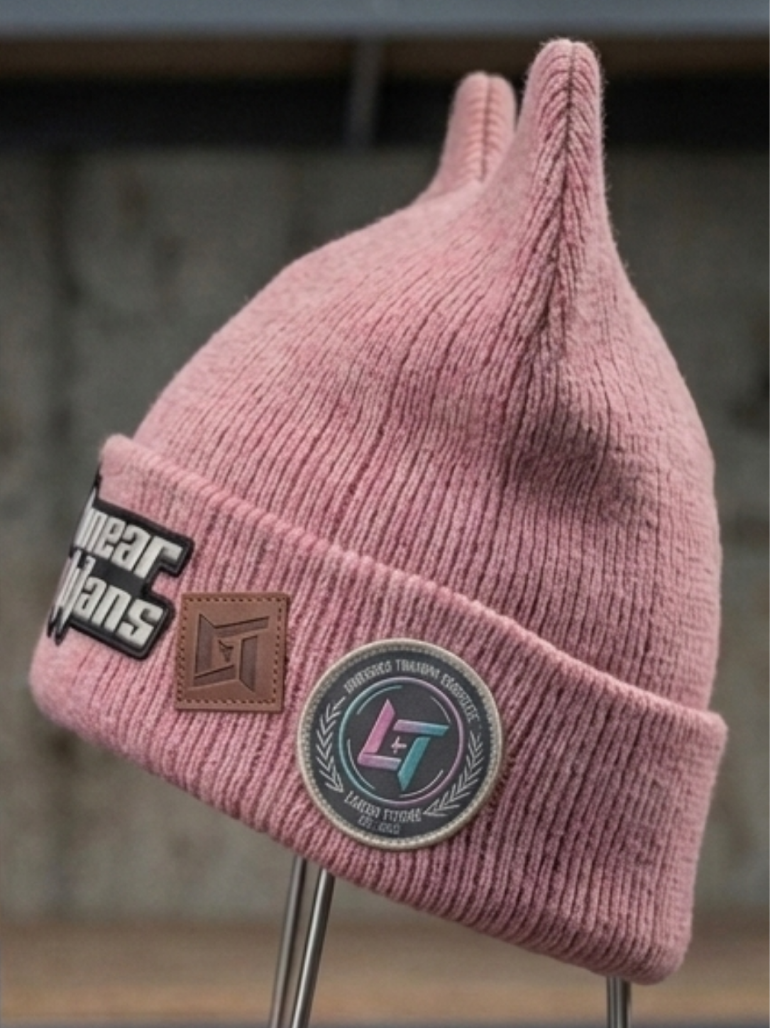 Linear Titans Pink Cat-Ear Beanie Hat | Satin Lined Cuffed Knit Beanie - Image 2