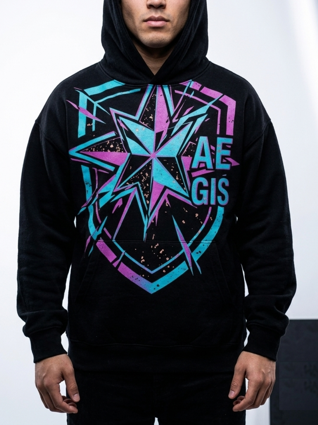 AEGIS Graphic Hoodie - Black Streetwear Pullover w/ Teal & Purple Star Emblem