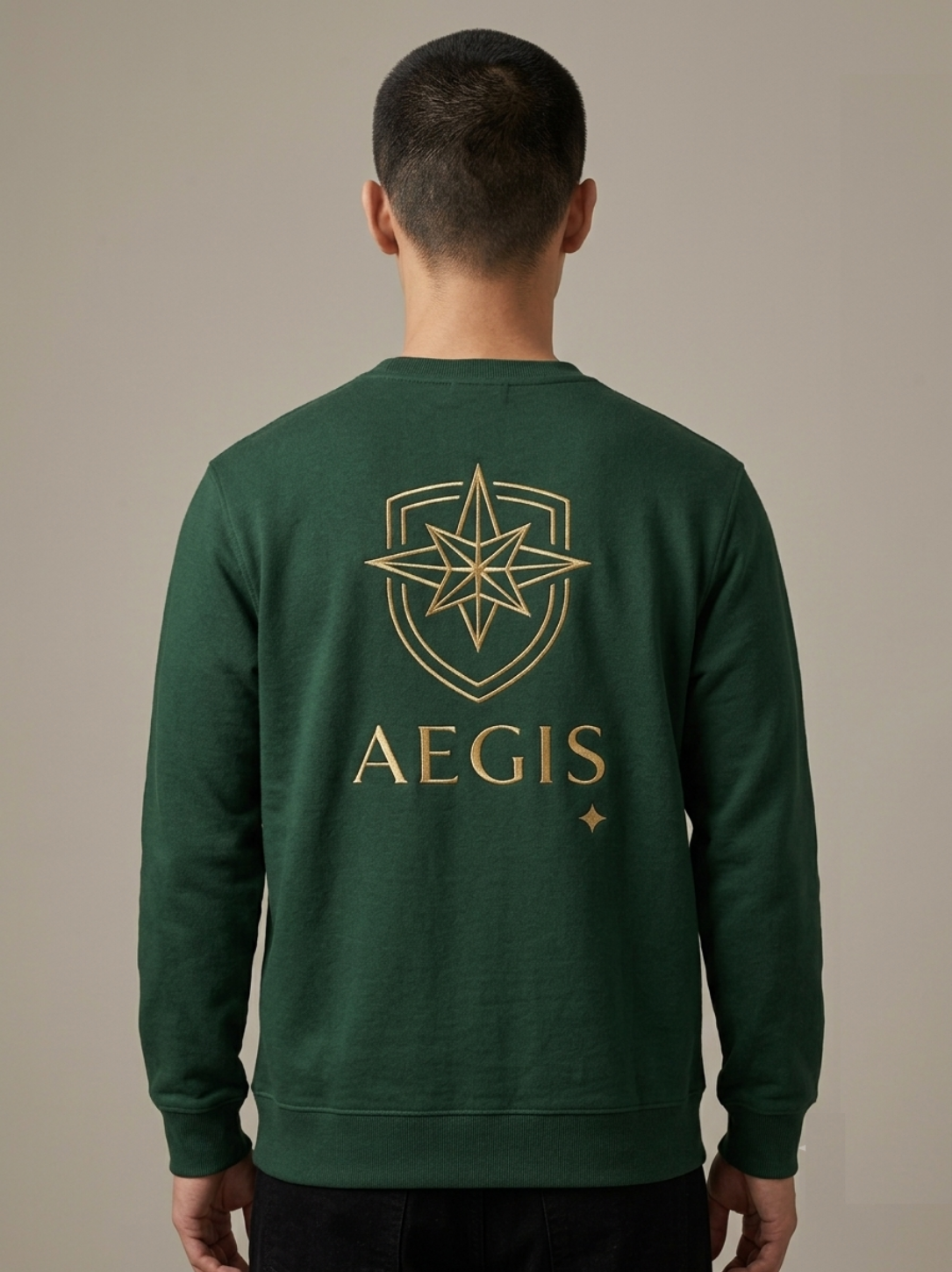 AEGIS Embroidered Compass Shield Sweatshirt – Forest Green / Gold Graphic