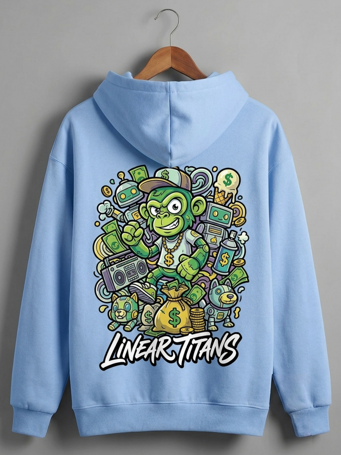 Linear Titans "Monopoly Ape" Streetwear Hoodie – Light Blue Heavyweight Fleece