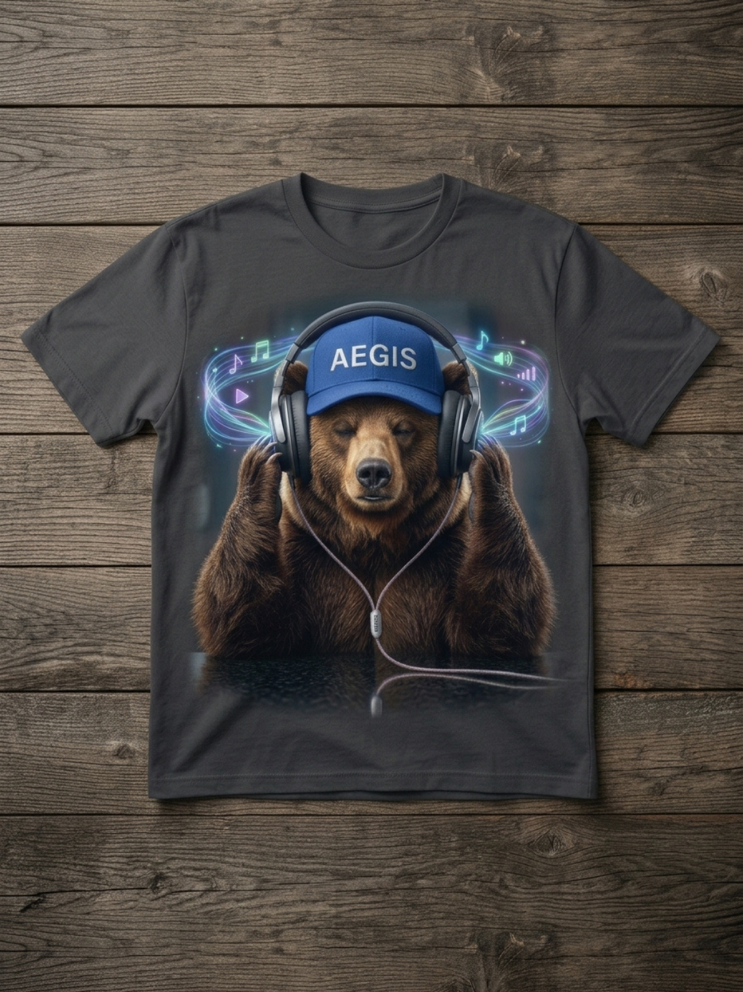 Aegis "Linear Music Waves" Bear Charcoal Graphic Tee