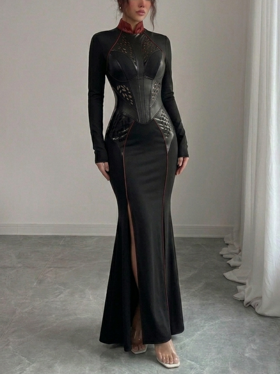 Linear Titans Cyber-Corset High-Slit Black Gown