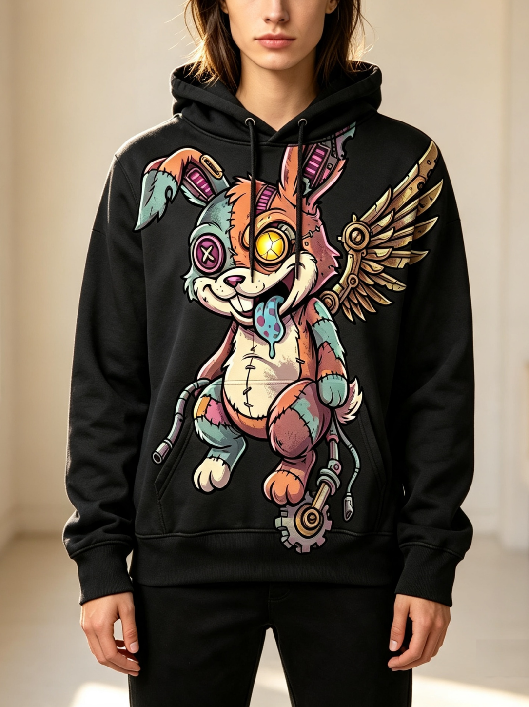 LINEAR TITANS "Cyber-Rabbit" Cyborg Patchwork Hoodie - Image 2