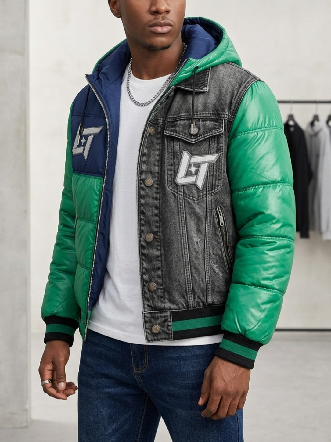 LINEAR TITANS Hybrid Split Puffer & Distressed Denim Jacket