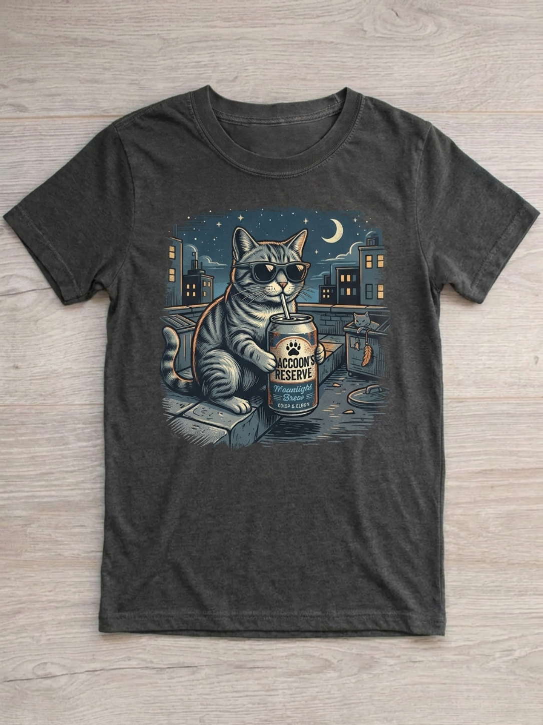 Aegis "Moonlight Brew" Rooftop Cool Cat Vintage T-Shirt - Image 4