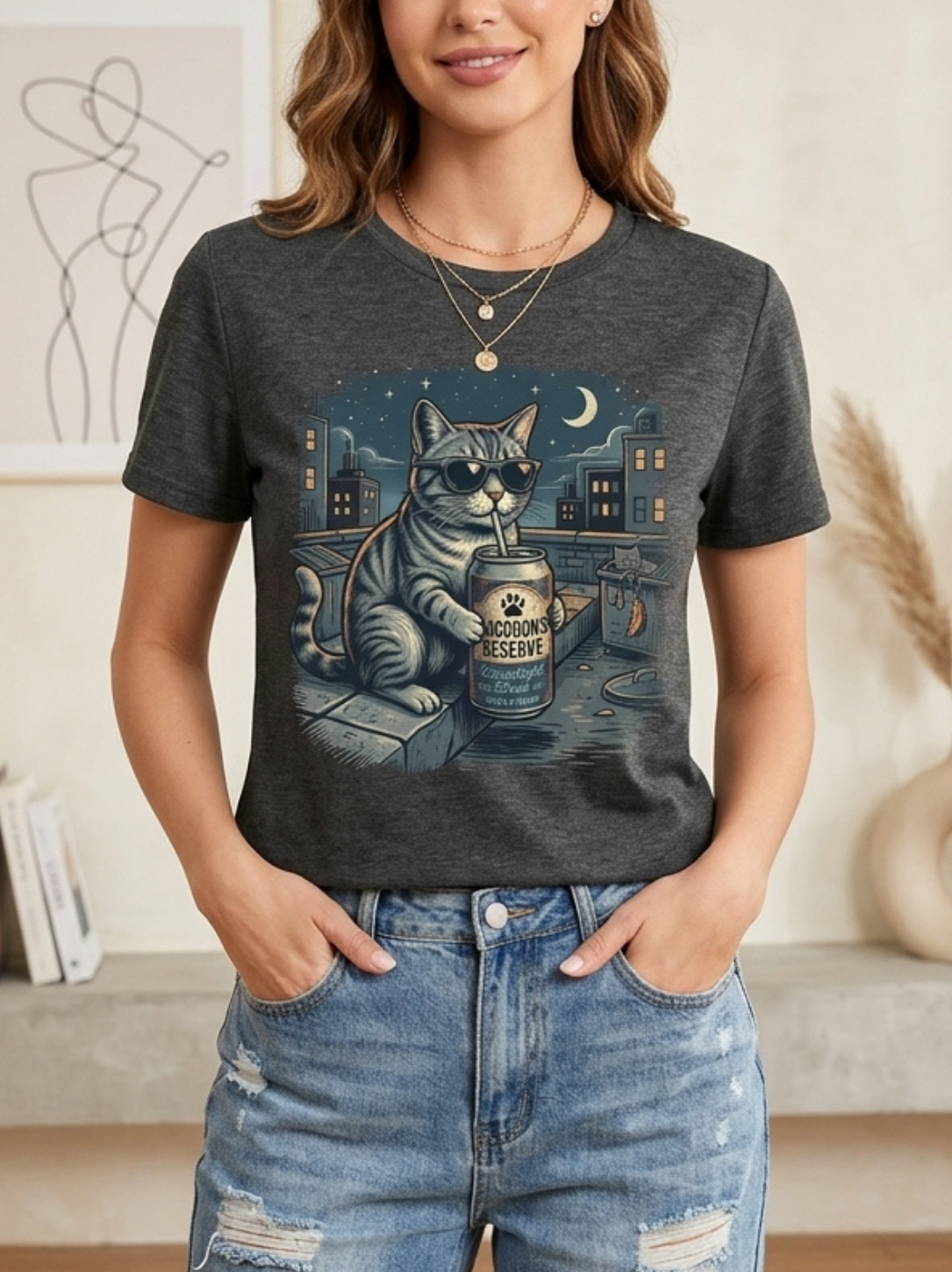 Aegis "Moonlight Brew" Rooftop Cool Cat Vintage T-Shirt - Image 5