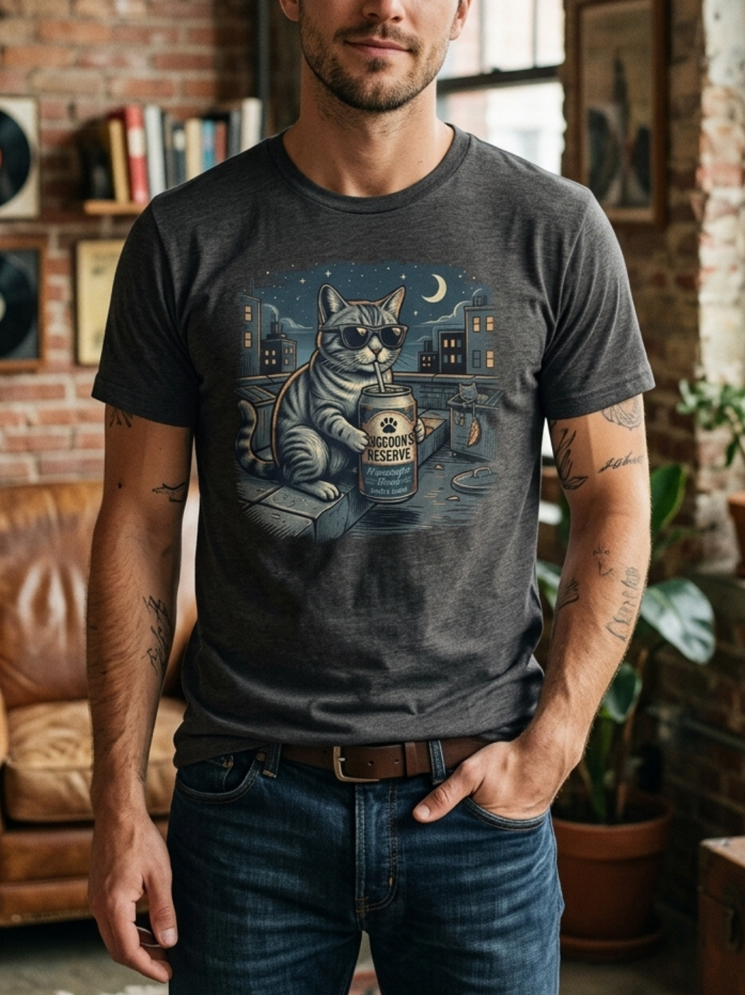 Aegis "Moonlight Brew" Rooftop Cool Cat Vintage T-Shirt - Image 3