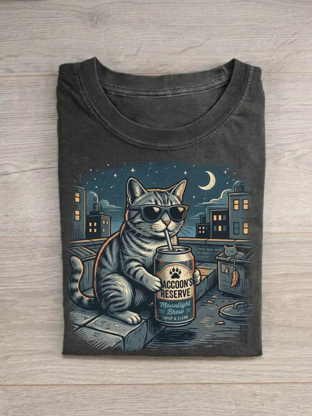 Aegis "Moonlight Brew" Rooftop Cool Cat Vintage T-Shirt - Image 2