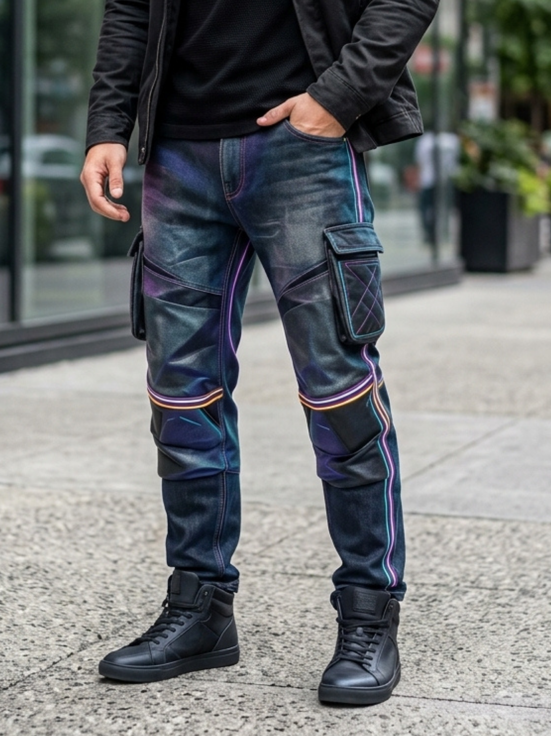 Linear Titans Futuristic Cyberpunk Streetwear Cargo Jeans
