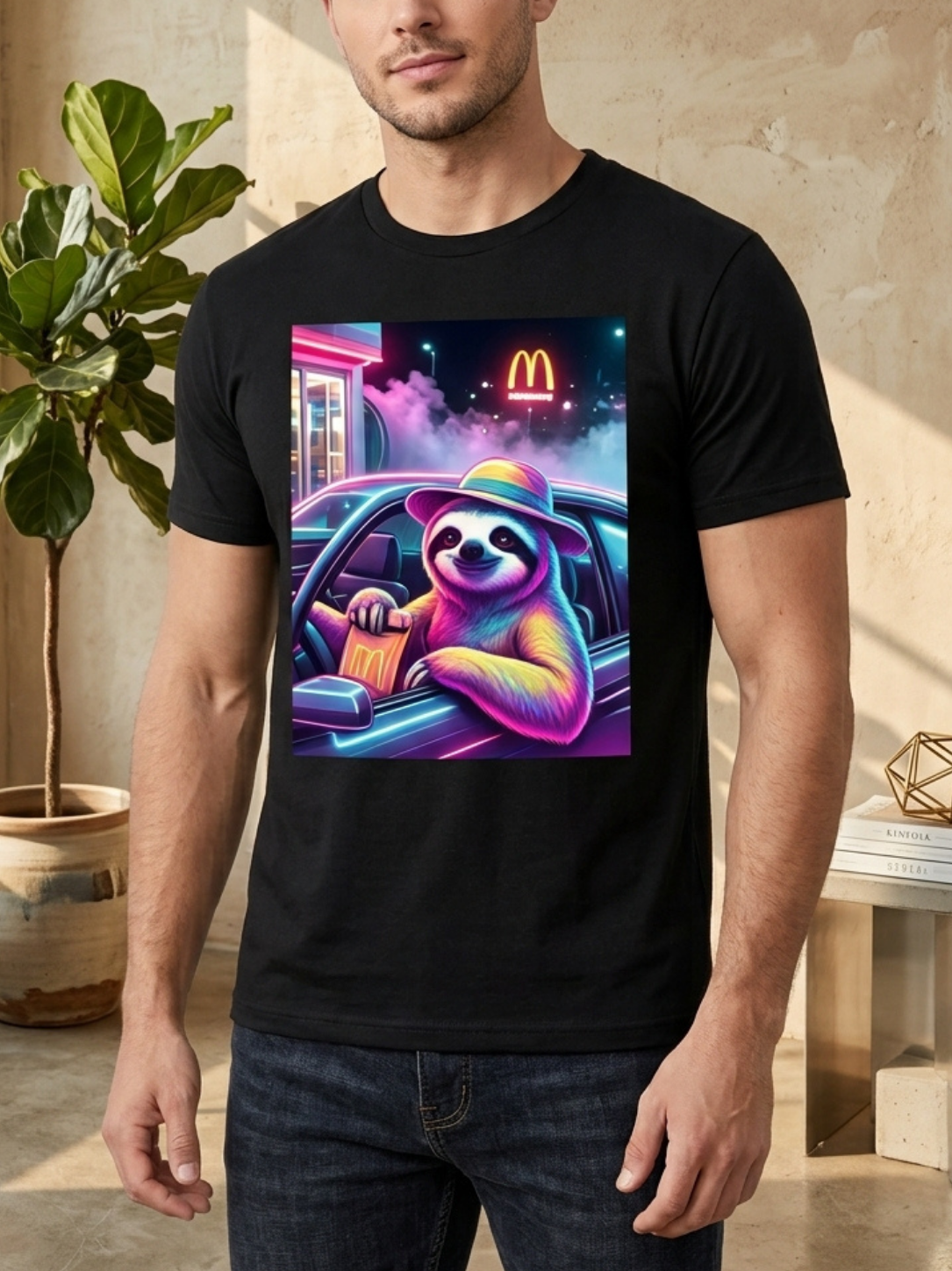 Aegis Neon Sloth Drive-Thru Cyberpunk Graphic T-Shirt