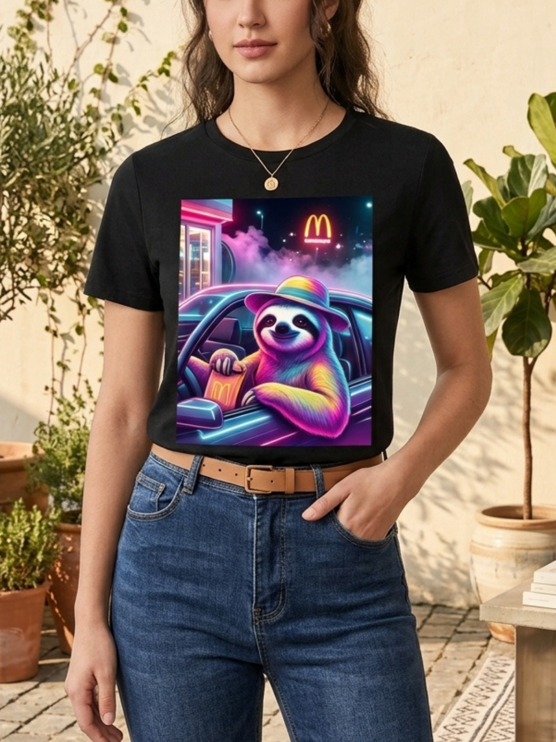 Aegis Neon Sloth Drive-Thru Cyberpunk Graphic T-Shirt - Image 2